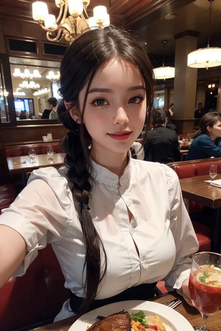 ((best quality)), ((masterpiece)), (realistic), (detailed), sexy russian women, attractive, (In restaurant having dinner), selfie, styled hairs, cute smile, pony tail