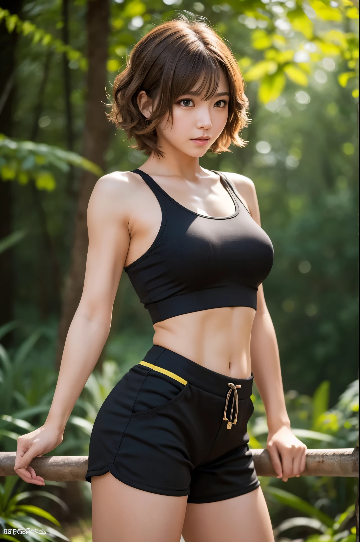 8K,黒と装を着て写真を撮るsmall breasts cat girl, small breasts cat girl, Her light brown hair and short curly hair are attractive., Fantasy art, little cat girl, Vojtek Fuss, Small black and yellow small chest armor, Chiquita, Trending on cgstation,In the woods,Laughter,Light brown permed short hair,Black and yellow shorts,attractive,Ultra-high resolution,Realistic Skin,has cat eyes,Rich colors, Backlight, Cinema Lighting, Film Grain, 50mm lens, Nikon D850,Ultra-high resolution,Ultra-realistic,Compensate,Super sexy,Very violently、Strong abdominal muscles,Big eyes,whole body muscular,concentrated,Strengthen all your muscles,Dynamic pose,and black exterior,and black combat shorts,Very small breasts,