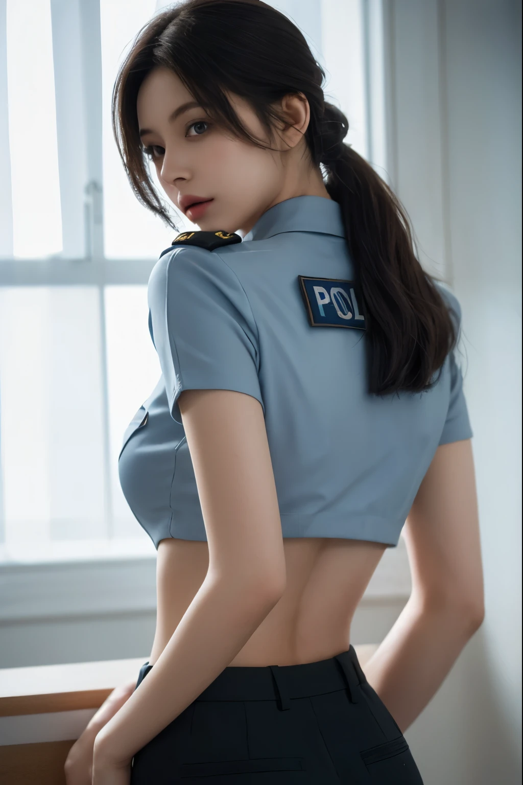 (masterpiece quality), 1girl , Claire, back, wear police uniform, long hair