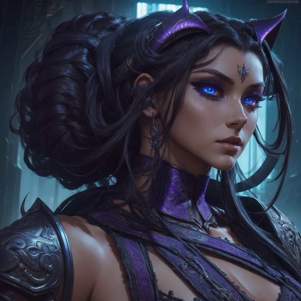 cinematic fantasy cyberpunk outfit, photorealistic, 8k, best quality, dramatic colors, intricate corpo lindo armor, beautiful tiefling woman, extremely detailed eyes and face, beautiful detailed eyes, beautiful detailed lips, long eyelashes, giant cat pet, masterpiece