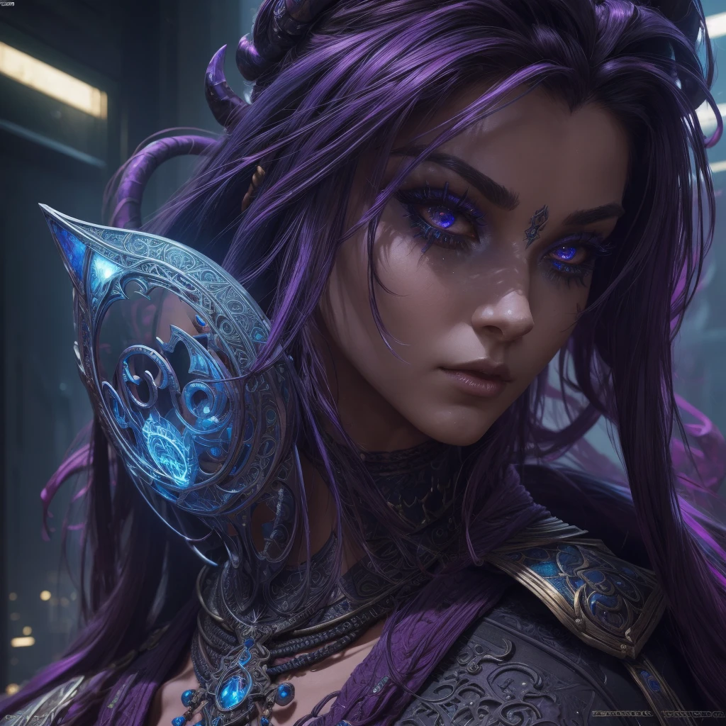 cinematic fantasy cyberpunk outfit, photorealistic, 8k, best quality, dramatic colors, intricate corpo lindo armor, beautiful tiefling woman, extremely detailed eyes and face, beautiful detailed eyes, beautiful detailed lips, long eyelashes, giant cat pet, masterpiece