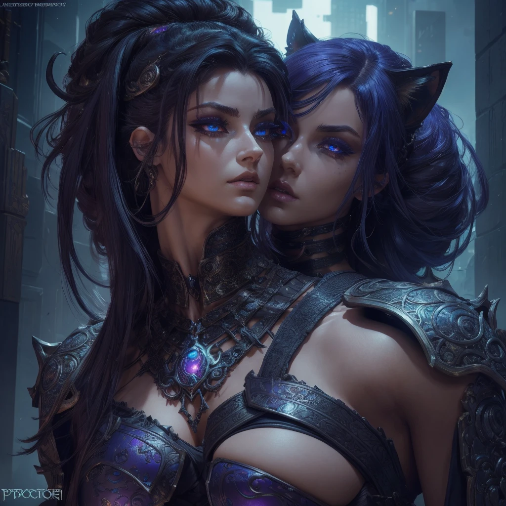 cinematic fantasy cyberpunk outfit, photorealistic, 8k, best quality, dramatic colors, intricate corpo lindo armor, beautiful tiefling woman, extremely detailed eyes and face, beautiful detailed eyes, beautiful detailed lips, long eyelashes, giant cat pet, masterpiece