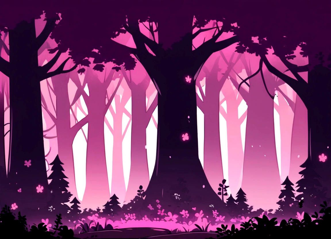 Generate a 2D cartoon game platformer mushy, background with a pink dark forest theme,no light and mushy dark cluster trees ambiance, without any foreground elements.