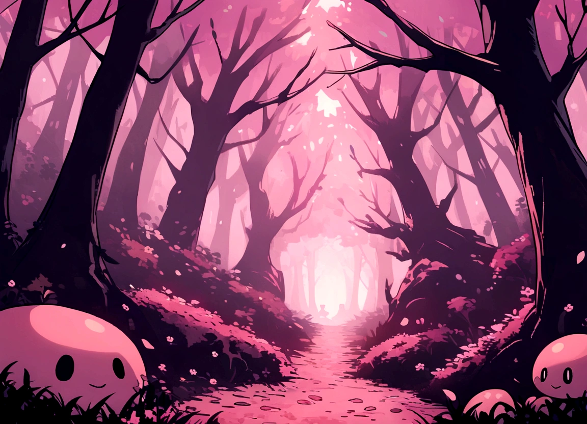 Generate a 2D cartoon game platformer mushy, background with a pink dark forest theme,no light and mushy dark cluster trees ambiance, without any foreground elements.