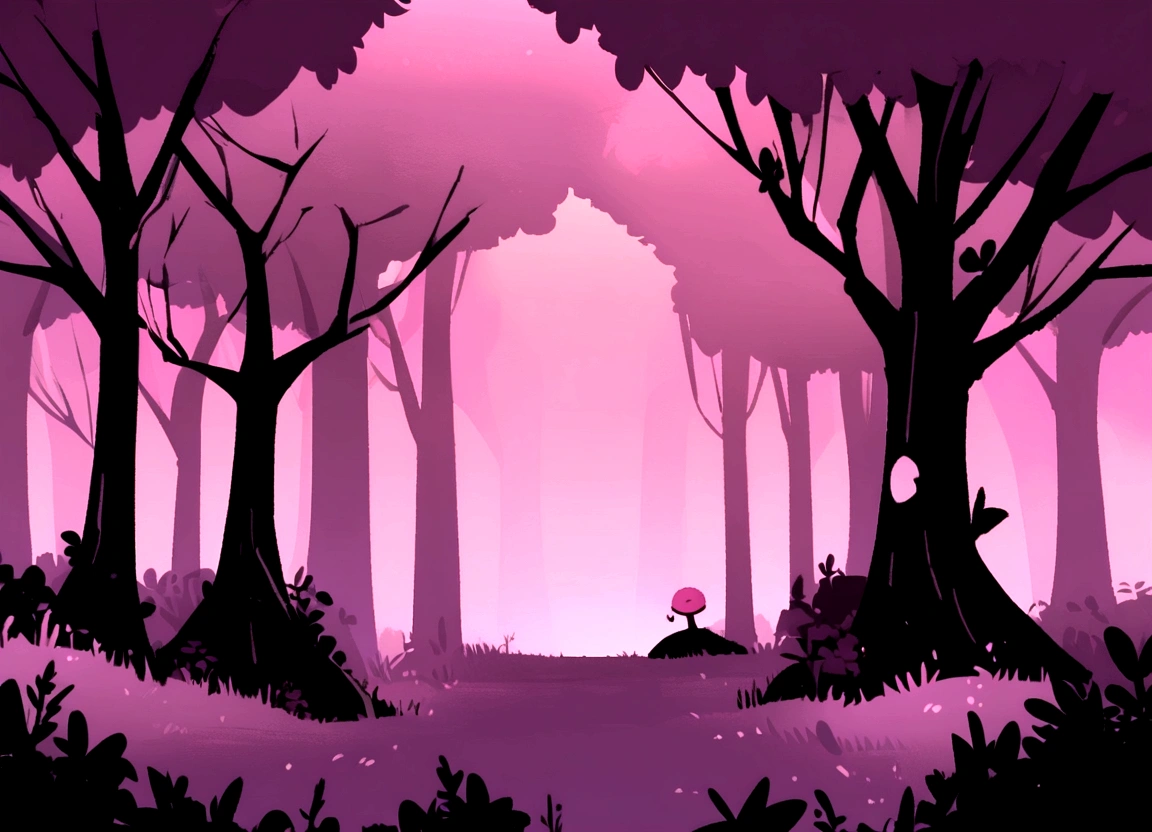 Generate a 2D cartoon game platformer mushy, background with a pink dark forest theme,no light and mushy dark cluster trees ambiance, without any foreground elements.