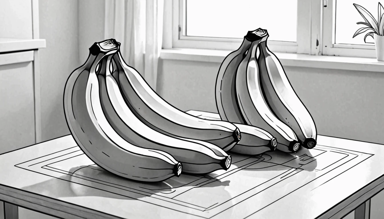 3 Bananas on the table. Children's coloring illustration. Black outline and white background. Picture size --ar 16:9--