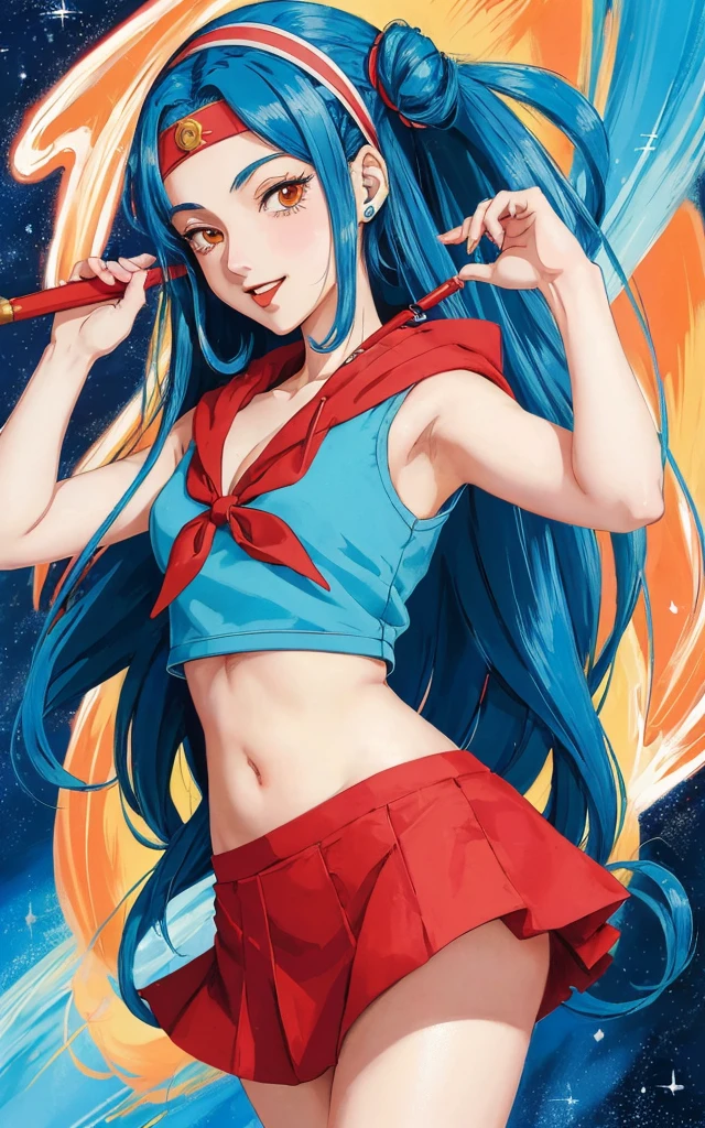 (retro anime 2d art, masterpiece, best quality:1.3), 1girl, blue hair, hairband, long hair, red skirt, laugh, holding wand, stardust night, transform scene, sailor hoodie