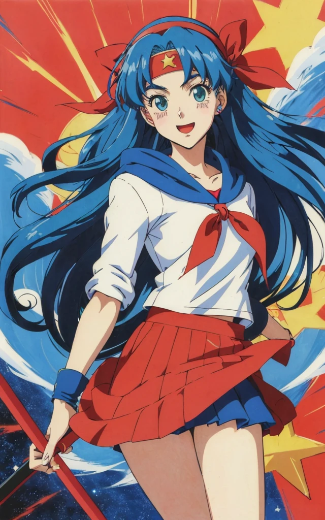 (retro anime 2d art, masterpiece, best quality:1.3), 1girl, blue hair, hairband, long hair, red skirt, laugh, holding wand, stardust night, transform scene, sailor hoodie