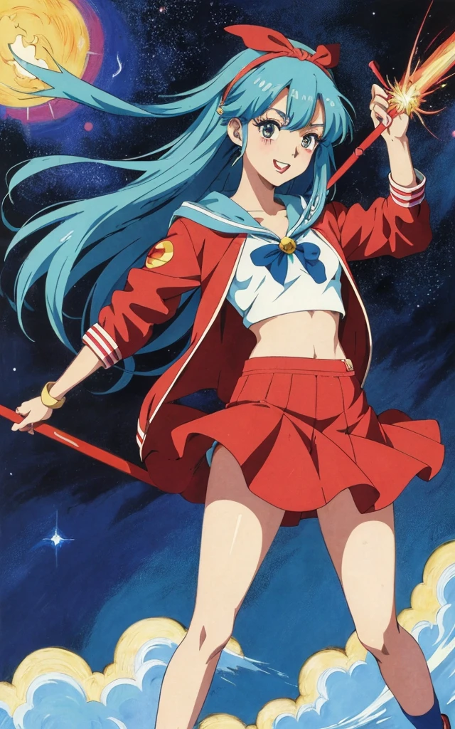 (retro anime 2d art, masterpiece, best quality:1.3), 1girl, blue hair, hairband, long hair, red skirt, laugh, holding wand, stardust night, transform scene, sailor hoodie