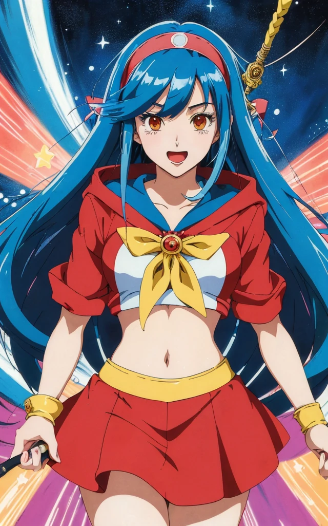 (retro anime 2d art, masterpiece, best quality:1.3), 1girl, blue hair, hairband, long hair, red skirt, laugh, holding wand, stardust night, transform scene, sailor hoodie