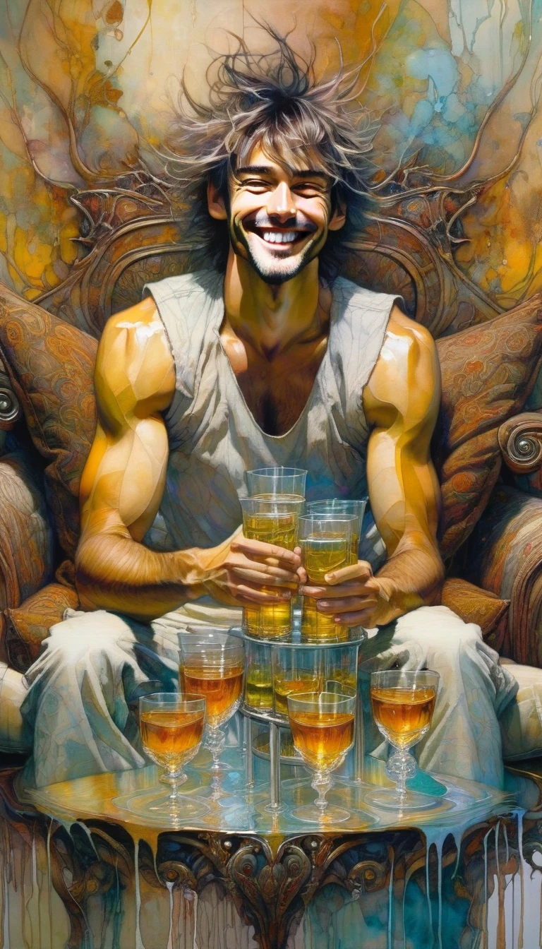 A man smiles sitting on a luxurious sofa, with nine cups of liquor on top of him on a piece of furniture, (art inspired by Brian Froud and Carne Griffiths and Wadim Kashin, intricate details, oil painting)