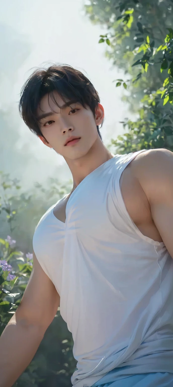 arafed asian man in white shirt posing for a picture, south korean male, yanjun chengt, jinyoung shin, hot with shining sun, wearing a low cut tanktop, korean muscle boy 2 1 years old, mid-shot of a hunky, cai xukun, kim doyoung, open v chest clothes, hong june hyung, handsome chad chin,A soft illustration bathed in twilight hues of cool blues and purples, creating an ethereal dreamland. The artwork, in the style of Guweiz, The romanticism art style emphasizes the tranquil beauty of this fantasy realm, inviting viewers into a world of wonder and mystique, all highlighted by a glowing, soft aesthetic,
((depth of field)),((open and vast place)),telephoto lens,(((close-up))),(chest focus),(((perspective from below))),(simple background),(simple color),((blurry)),(horizon),
 1boy,cool guy,peaceful,((floating short hair)),((((bangs)))),(((soft clean hair))),(((silky skin))) ,((smooth skin)) ,clean body,(clean face),((smooth face)),(natural pretty face),((adam's apple)),((looking up)),((solo)),(teenage),(wind),(chin up),(hopeful),
((skin tight )),(mini white shirt),((see-through)),
(narrow waist),slender waist,muscular,(broad shoulders),((huge wide chest)),(((huge plump chest))),((bursting chest)),(((huge muscle ))),(((hyper  pecs))),(bodybuilder),((beautiful cleavage)),