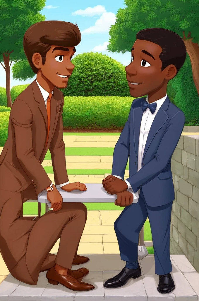 a cartoon image of two well-dressed men, both are the same height one has darker skin and the other has lighter skin the two are talking and smoking and sitting on a wall, they are near a lawn and the sun is setting