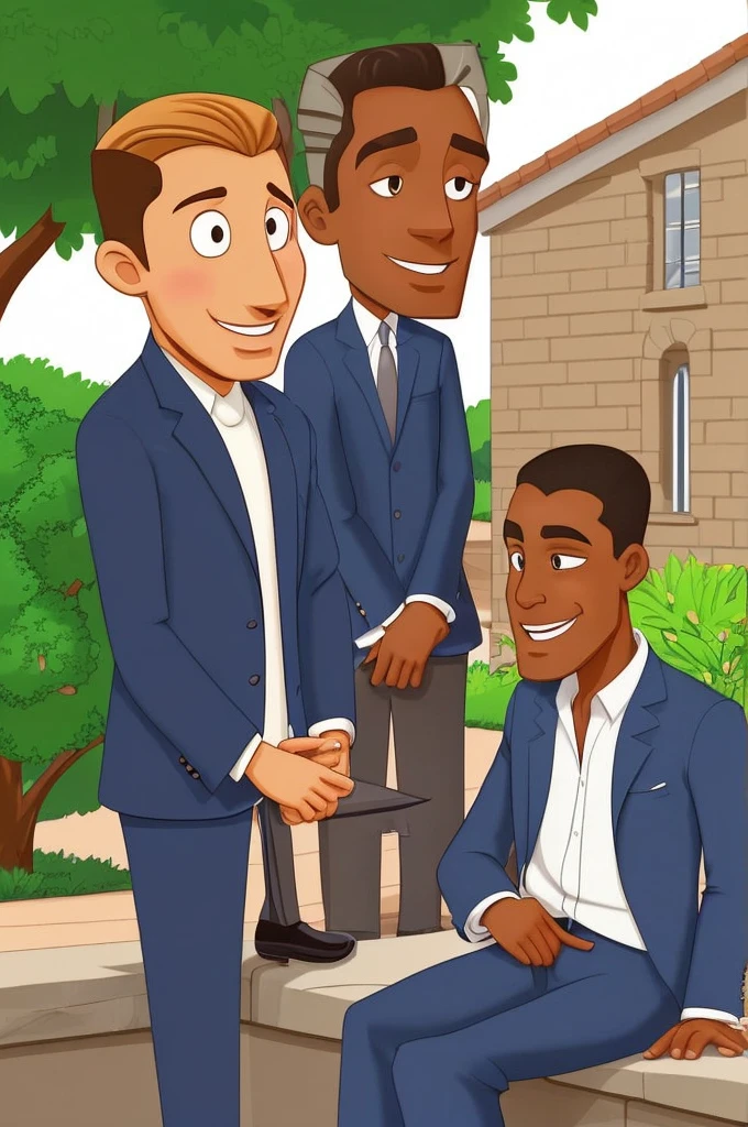 a cartoon image of two well-dressed men, both are the same height one has darker skin and the other has lighter skin the two are talking and smoking and sitting on a wall, they are near a lawn and the sun is setting