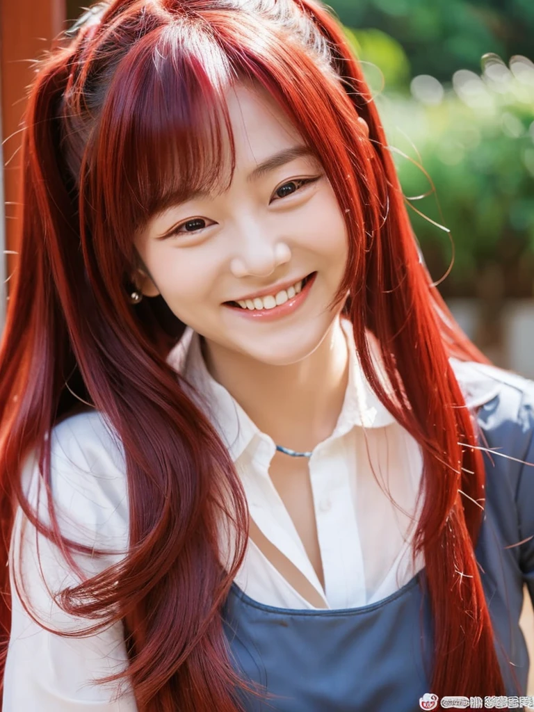 Korean woman with long red hair smiling, Cat's ears, face photo, Inside the house