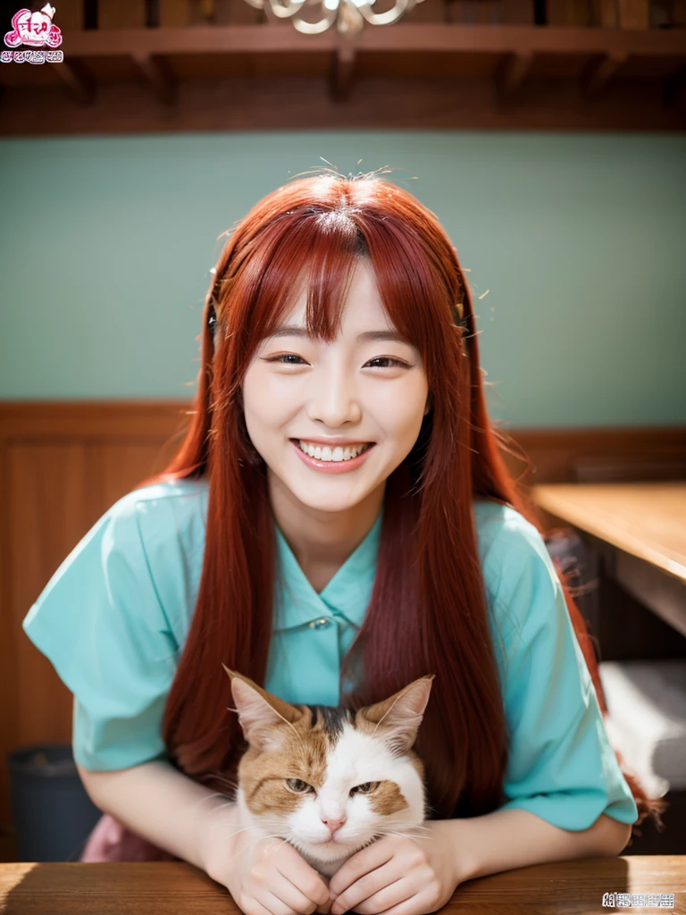 Korean woman with long red hair smiling, Cat's ears, face photo, Inside the house