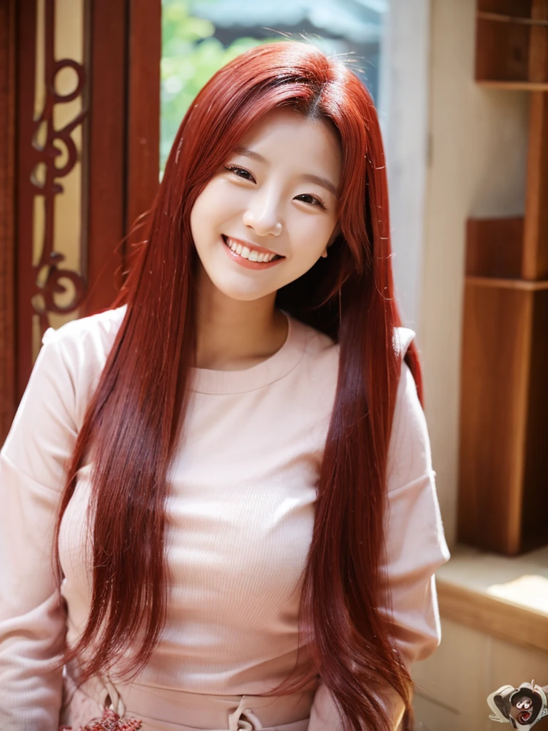  Korean woman with long red hair smiling, Cat's ears, face photo, Inside the house