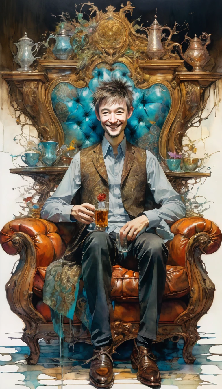 A man smiles sitting on a luxurious sofa, with nine cups of liquor on top of him on a piece of furniture, (art inspired by Brian Froud and Carne Griffiths and Wadim Kashin, intricate details, oil painting)