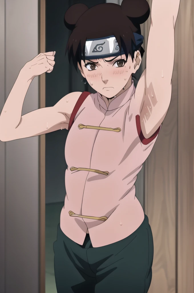 (masterpiece, 4K, Highest quality, anime style: 1.9, Detailed face, Lovely, Bold, High resolution, anime,  Curvaceous, Thighs,, (blush).Very slim belly, Cowboy Shot, (((One girl))),NARUTOanime風, Tenten,(((Sweaty))),(((armpits))),Pink Chinese dress,Dark green trousers,(((Show your armpits to your audience))),Raise one hand,(Accurate limbs)