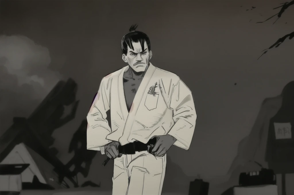 Best Quality, afterglow, 4k, ((Masterpiece)), extremadamente detailed, 8k, trend on Artstation, intricate, high detail, sharp focus, fujichai (monochrome, Grayscale), (panel manga, Sketch, Sketchy), judo, man, hands waist, angry, comic manga style, black and white, High Definition, high quality, 4k, detailed