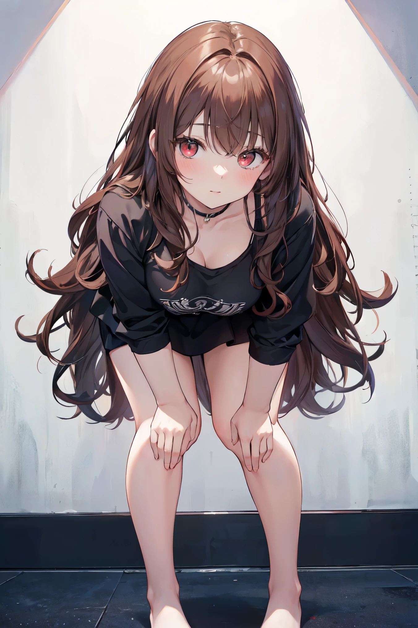Put your hands on your knees, Top view, (look up:1.2), Tilting Head, (Leaning forward:1.5), masterpiece、Highest quality、 A 25-year-old woman with long wavy brown bangs and red eyes..、Blake She's wearing a white off-the-shoulder blouse.., embarrassing break, smile, Open your mouth, standing、Background bed、wood、plant、The upper body is shown、alone、