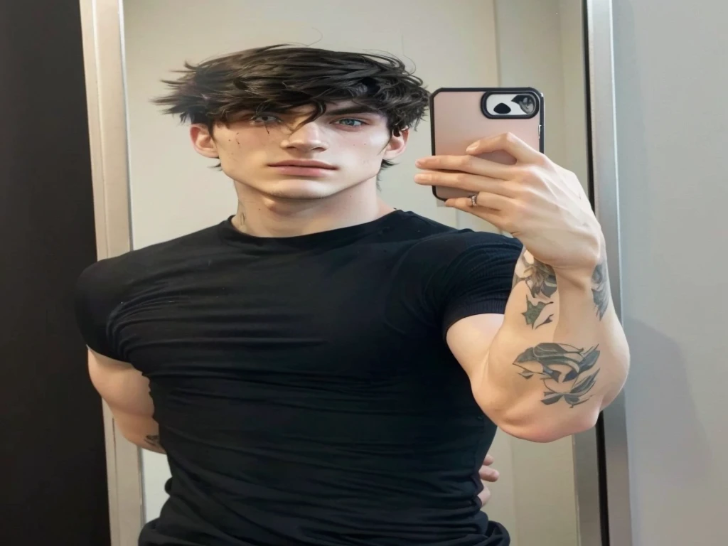 chiseled man taking a selfie in the mirror with a cell phone, style of seb mckinnon, young handsome and pale rome, with tattoos, I agree with you, profile image, taken at the beginning of 2020, marco lense, 18 years old, Rafael Personaz, tatuados, young and slim man, zac retz, non-binary model