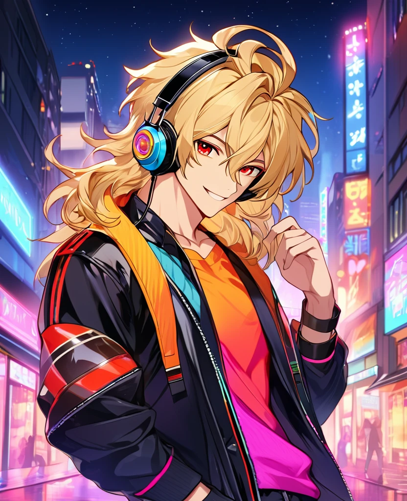  (Blonde_hair),(long_male_hair), (red_vibrant_eyes), (detailed_eyes), (warm_smile), (attractive), (background_colorful_night_city), (male), (detailed_Hair), (detailed), (wears_80's_outfit), (uses_headphones)