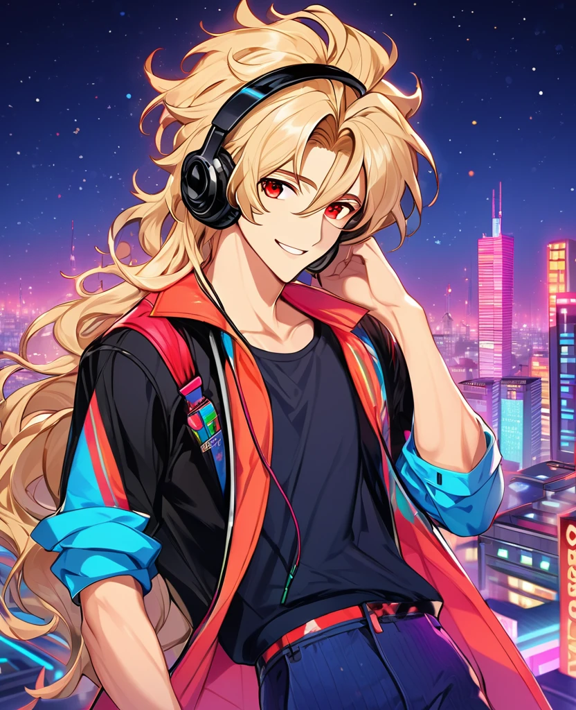 (Blonde_hair),(long_male_hair), (red_vibrant_eyes), (detailed_eyes), (warm_smile), (attractive), (background_colorful_night_city), (male), (detailed_Hair), (detailed), (wears_80's_outfit), (uses_headphones)
