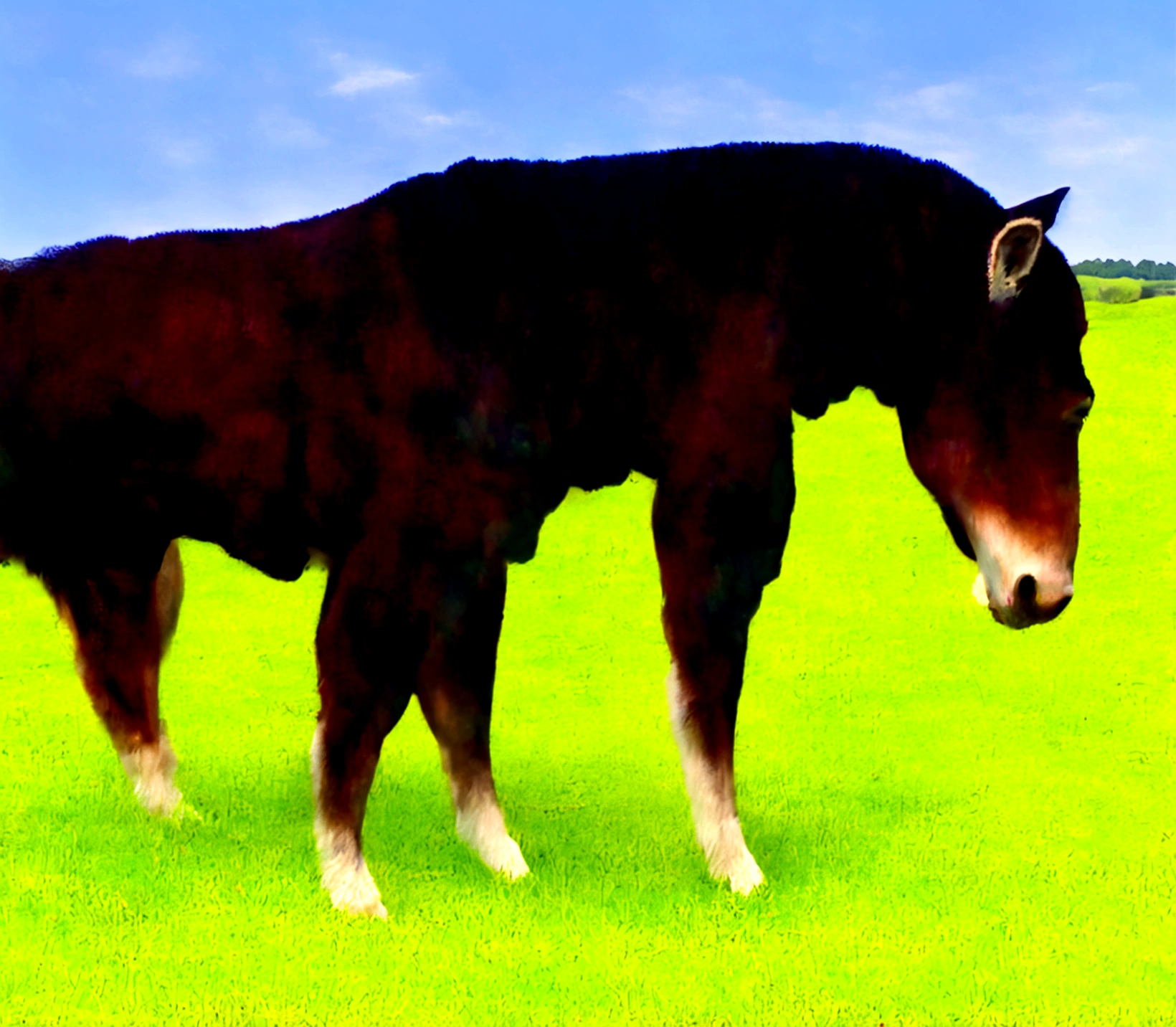 full side view of a big fat Belgian draft horse mare with a massive bum and a very short tail. horse facing horizon . BBW very full figured very dark skinned BBW nude African woman riding horse. flat grass meadow. looking to horizon . a single huge pile of steaming horse dung on the ground behind horse. cloudless blue sky.