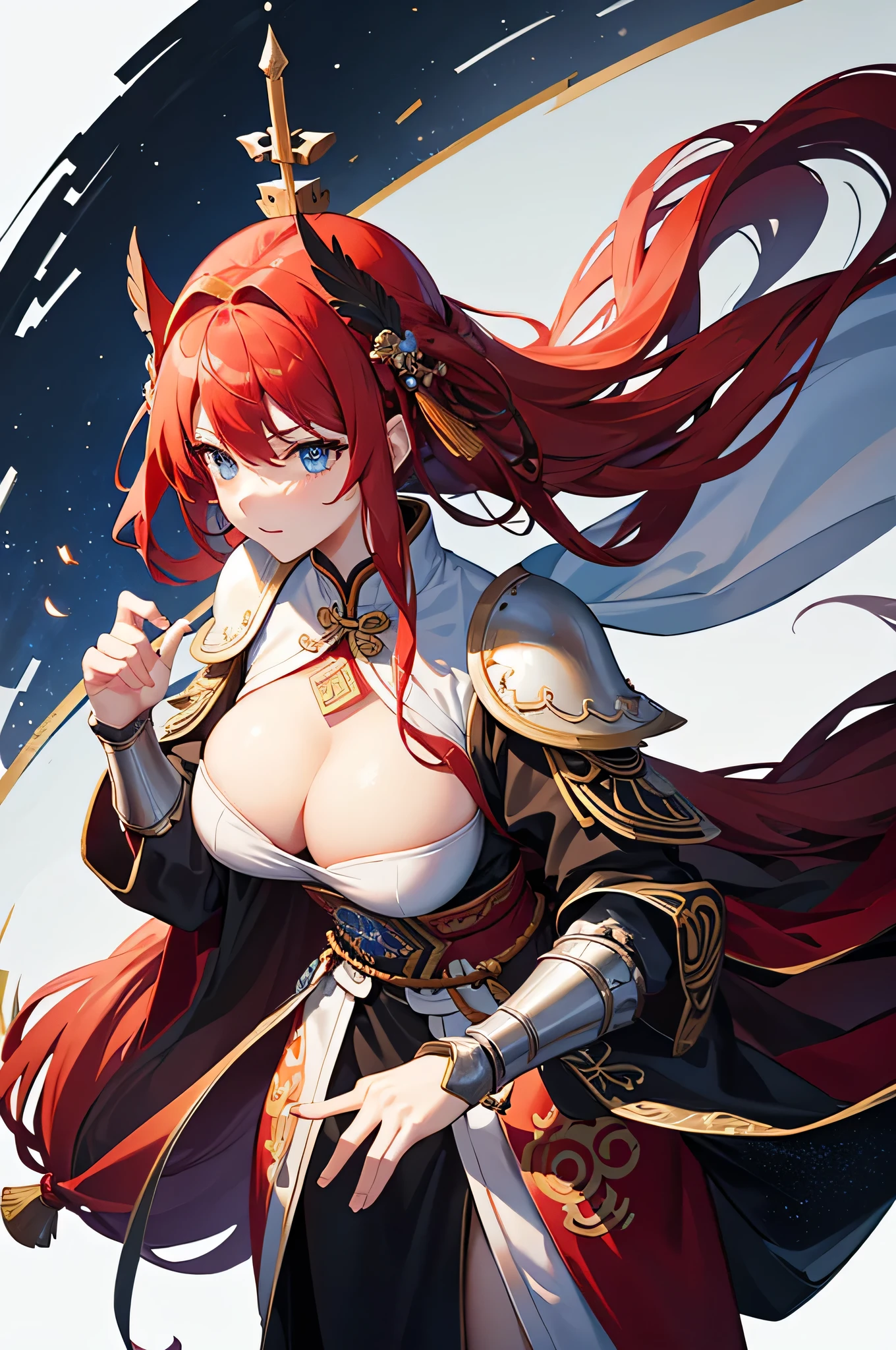 4K,High resolution,One Woman,Red Hair,long hair,Blue Eyes,,Ancient Chinese Generals,Ancient Chinese White Armor,Heavy Armor,Full Armor,ancient chinese crown,Long sword,Ancient Chinese Villages