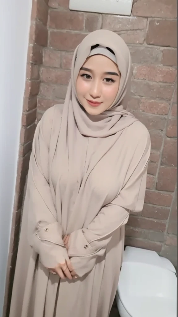 1girl, girl wearing a hijab, Asian girl, brown skinned, his eyes looked sleepy, saliva came out of his lips, showing her vagina, 20 years old, slightly wrinkled, big breasts, big hips, big butt, posing waiting, seductive, charming, mature, naked, was in the toilet