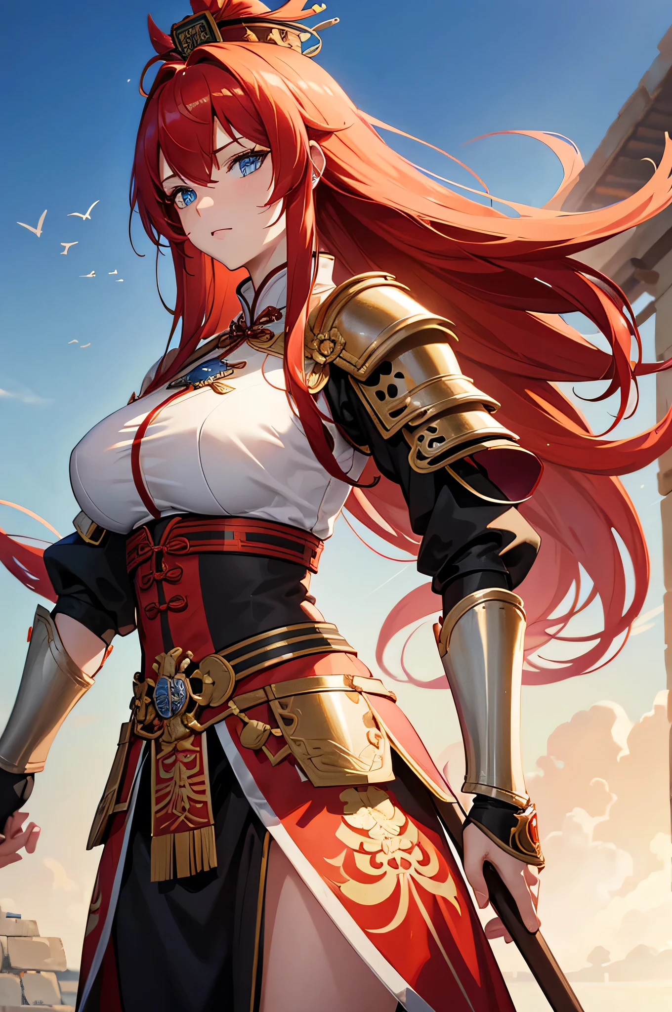 4K,High resolution,One Woman,Red Hair,long hair,Blue Eyes,Big Breasts,Ancient Chinese Generals,Ancient Chinese White Armor,Heavy Armor,Full Armor,ancient chinese crown,Long sword,Ancient Chinese Villages