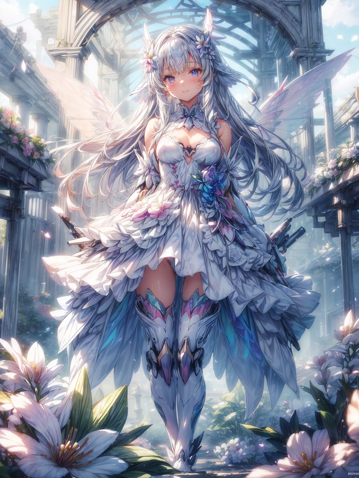 (Illustration Style:1.0), (One Woman:1.0), (20-year-old:1.0), (Small breasts:1.2), (flower garden background 1.3), (Lots of flowers:1.3), (floating pose, Jumping:1.2),
(Medium Shot:1.2), (Written boundary depth:1.1), Blake
(A beautiful face with perfect symmetry:1.1), (Beautifully detailed clear blue eyes:1.1),
(Cybernetic female robot:1.0), (Very detailed mech suit:1.1), (White Gothic Breastplate:1.1),
(Long silver hair:1.0),
(Gorgeous white shrine maiden outfit :1.3), ("Rainbow-colored holographic fairywings :1.3), smile, Machinery Armor、Organic Armor Cyborg、Armor Textures、garden、Lots of flowersに囲まれています