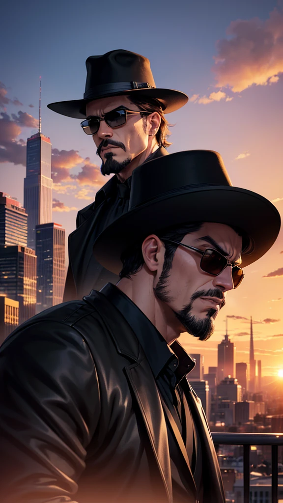 A city with a beautiful sunset with a man with a goatee and defined chin wearing a black coat and sunglasses and a black hat with the power to make soap bubbles and he is looking at the camera and angry 
