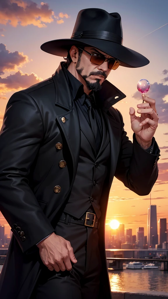 A city with a beautiful sunset with a man with a goatee and defined chin wearing a black coat and sunglasses and a black hat with the power to make soap bubbles and he is looking at the camera and angry 