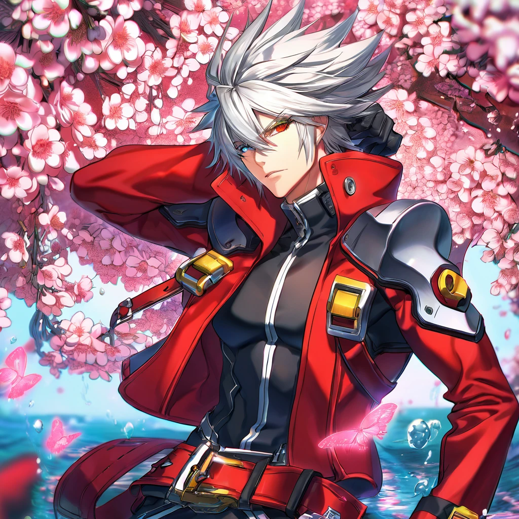 (absurdres, highres, ultra detailed, HDR) master piece, best quality, delicated features, Ragna the bloodedge, white spiky hair, heterochromia, his left eye being green, his right being red, Blazblue, his clothing consists of a hybrid of modern, futuristic and old features, he wears a vibrant red sleeved jacket, under it is a black shirt with three red belts and also several belts covering his right arm, he wears a pair of black gloves, solo, sexy man, handsome, water, blossoms, pink butterflies, pink flowers
