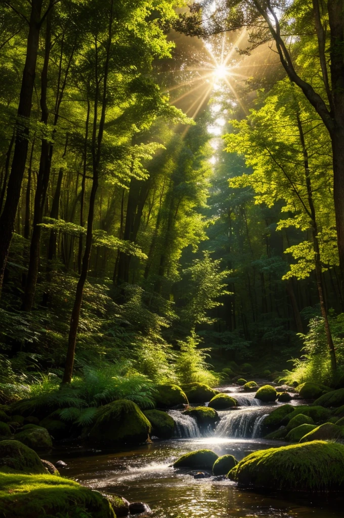 Photorealistic scene of a forest with a divine light forming the Trinity, natural beauty, serene environment, mystical ambiance, soft glowing effect, tranquil nature
