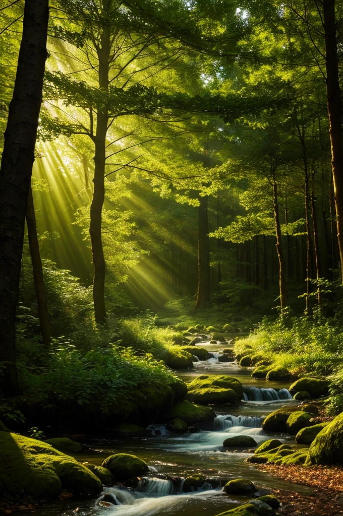 Photorealistic scene of a forest with a divine light forming the Trinity, natural beauty, serene environment, mystical ambiance, soft glowing effect, tranquil nature