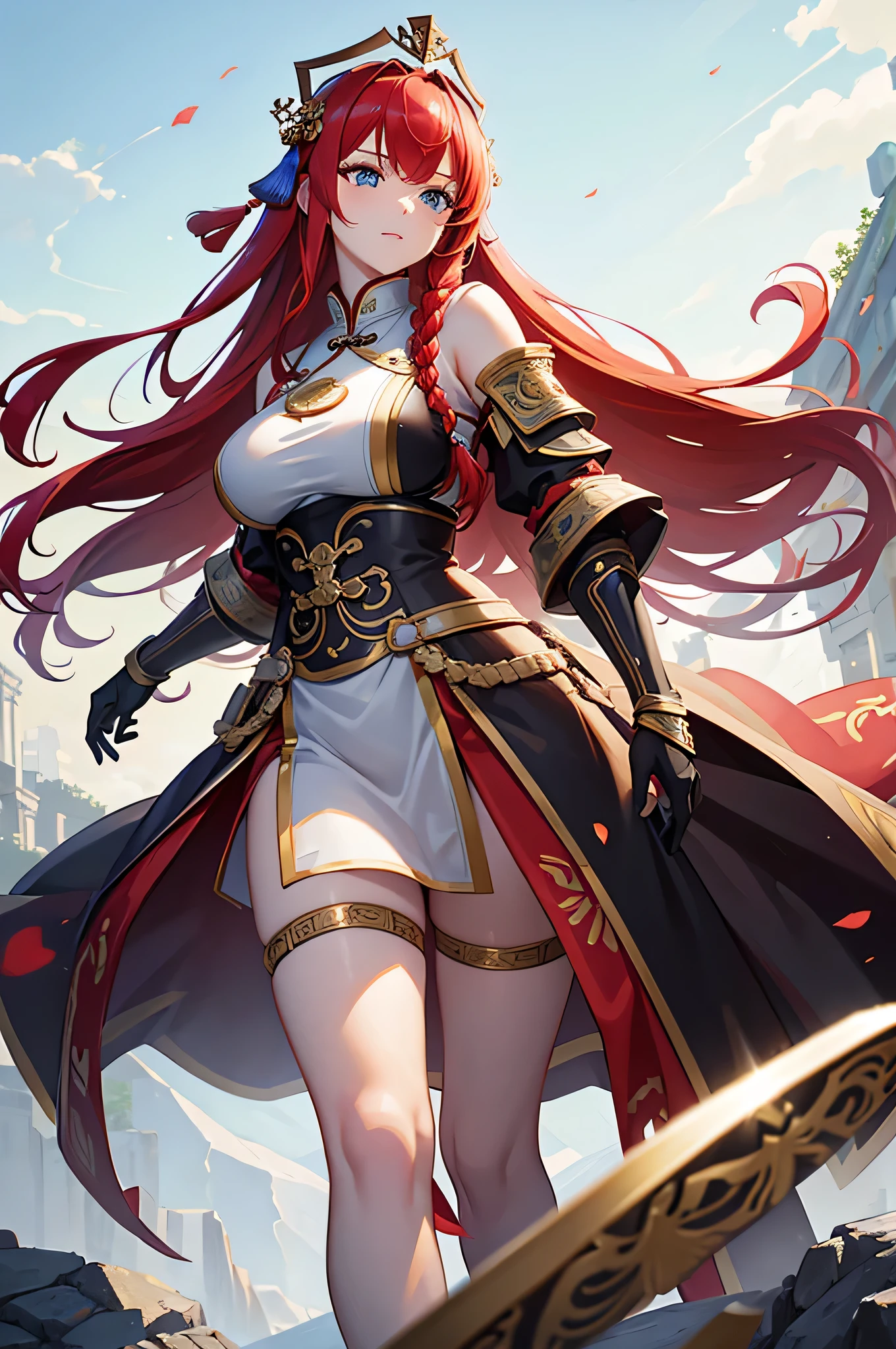 4K,High resolution,One Woman,Red Hair,long hair,Braid,Blue Eyes,Big Breasts,Ancient Chinese Generals,Ancient Chinese White Armor,Heavy Armor,Full Armor,Sideboob,ancient chinese crown,Long sword,Ancient Chinese Villages