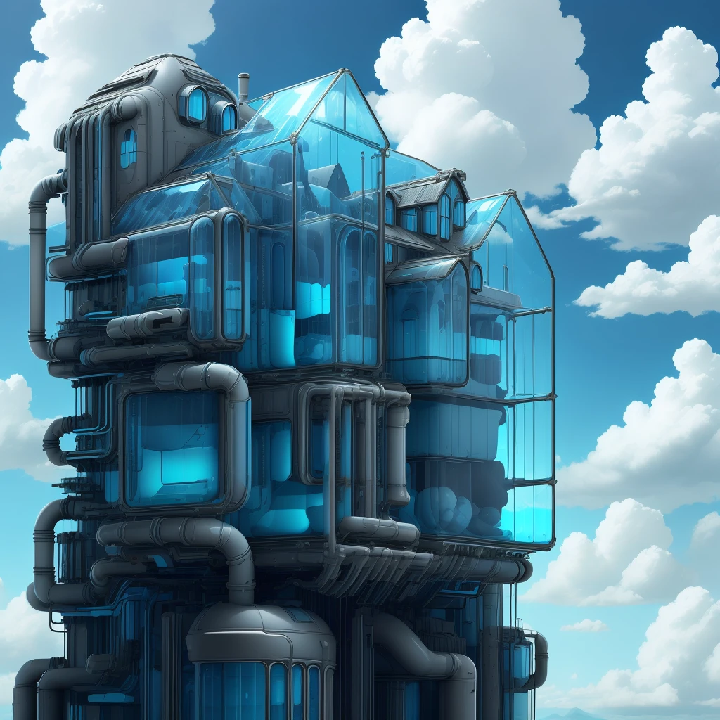 plasttech,synthetic,transparent , scifi,
house on a hill, blue sky, clouds