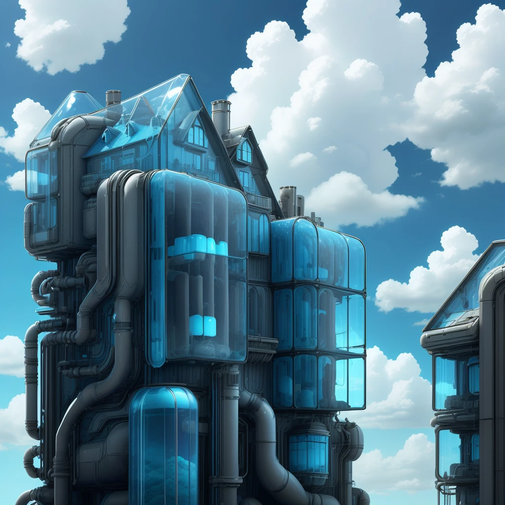 plasttech,synthetic,transparent , scifi,
house on a hill, blue sky, clouds