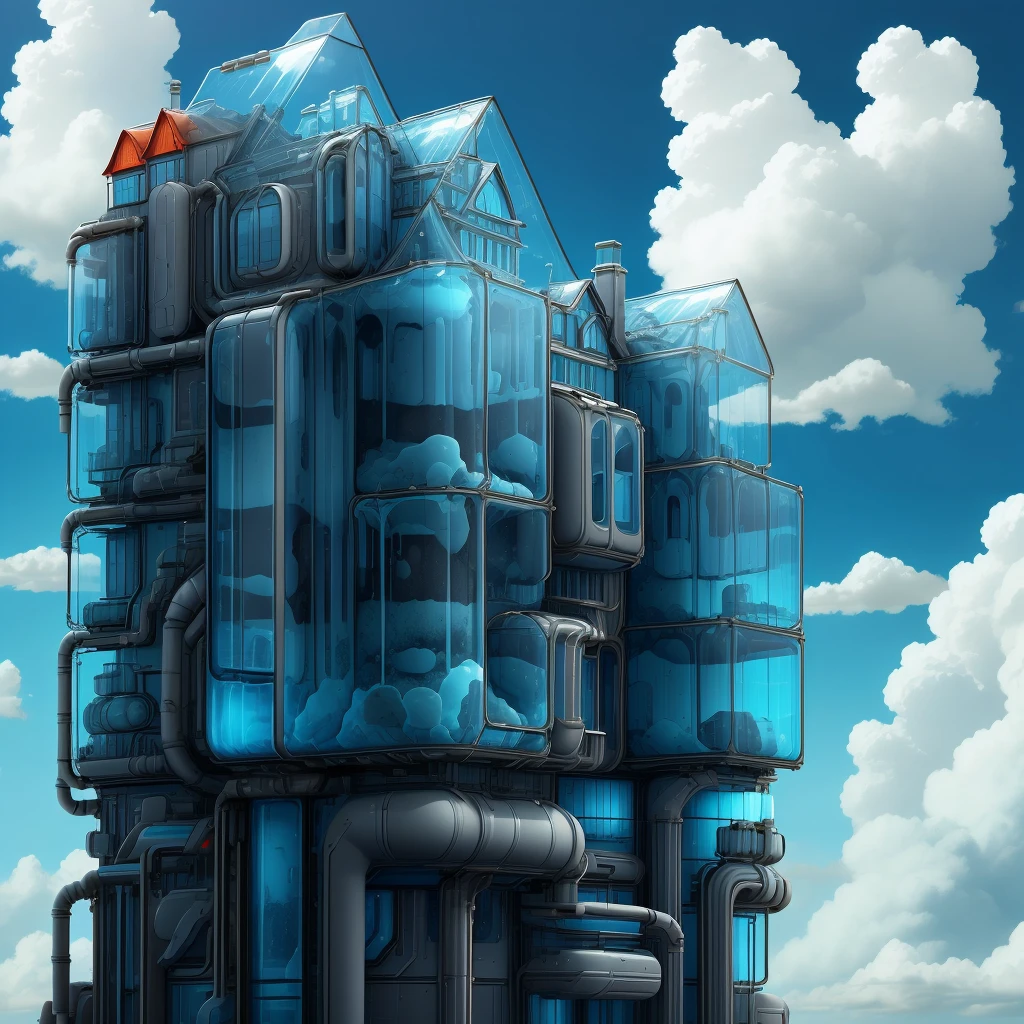 plasttech,synthetic,transparent , scifi,
house on a hill, blue sky, clouds