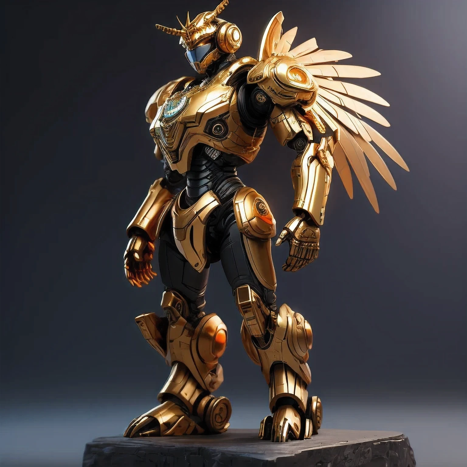  statue of a golden robot on a black surface, cute elaborate epic robot, greek  in mecha style, cyber steampunk 8 k 3 d, detailed cosmic angelic robot, the golden humanoid robot, sci - fi armour, detailed humanoid, 3 d 8 k octan render, sculpture of moloch, rendered in keyshot