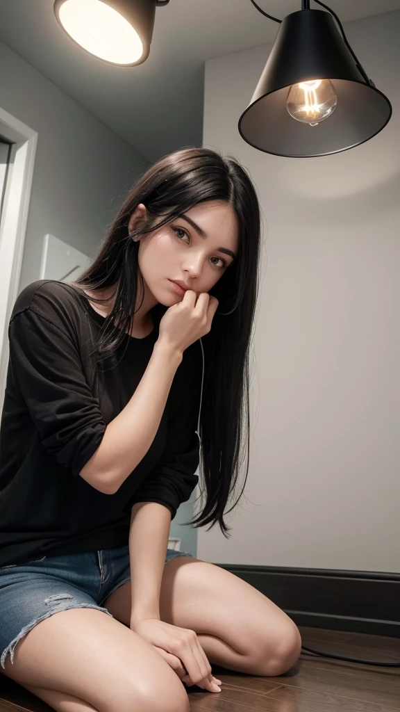 a woman wearing a black shirt and black denim shorts with long black hair she is in a small, empty room with gray walls she is sitting on the floor with her back against the wall there is a light bulb that is coming from the ceiling with a very long wire to it woman is holding the lamp by the cord close to her face the lamp is on illuminating the room, the entire image has a slightly grayish tone the perspective of the image is frontal where we can see the woman and her dark brown eyes, she wears makeup around her eyes, behind the woman is the gray wall, the floor is woody.