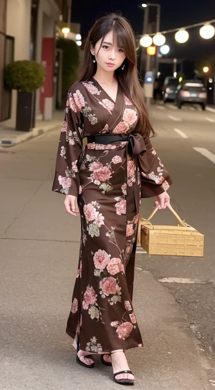 ((highest quality、8k、master piece:1.3))、Self snap、beautiful woman with perfect figure:1.4、(brown long hair、normal breasts:1.3)、(floral pattern yukata)、Highly detailed face and skin texture、detailed eye、double eyelid、laughter:1.5、Full body Esbian、~sacrifice to、in the street、night