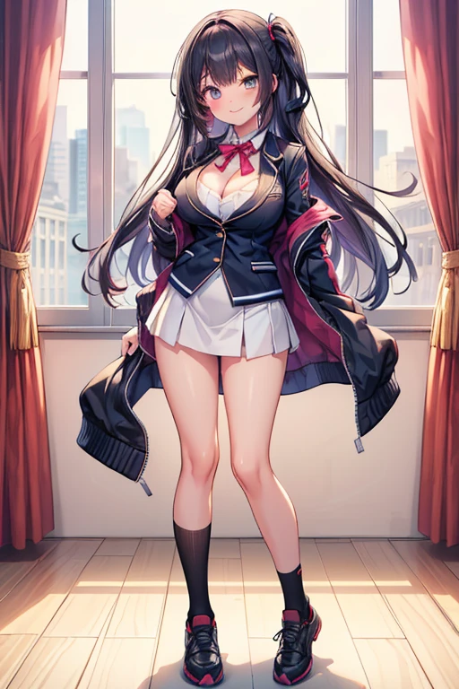 (best quality,8K,high school girl,zippered track jacket,smiling,gravure idol,Model,beautiful girl,down hair,alluring Multiple girls are depicted,uniform,cardigan,blazer,Ribbon on uniform,girl,masterpiece,highest masterpiece,long hair,perfect face,big bust,cleavage,erotic cute,sexy girl),Angelic cute girl,Naughty Girls,Too beautiful girl,Future Fashion,Cutting-edge fashion,Model,Full body image,perfection,Professor Colorful,フェラする女の子
