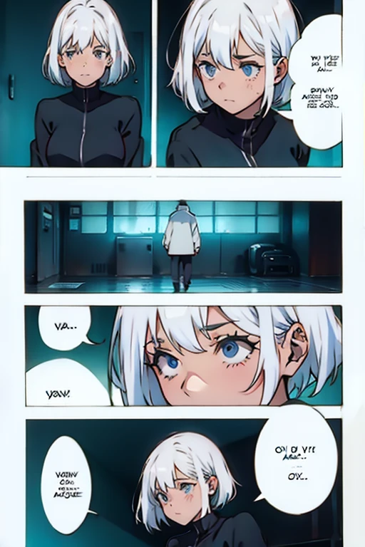 Girl with short white hair small, coughing and crying, manga page with panels and dialogue  