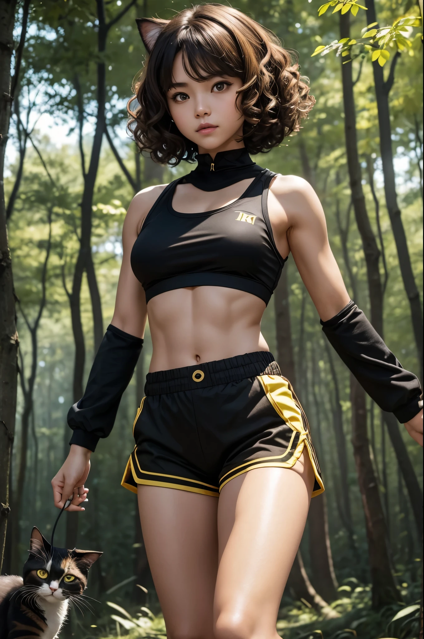8K,黒と装を着て写真を撮るsmall breasts cat girl, small breasts cat girl, Her light brown hair and short curly hair are attractive., Fantasy art, little cat girl, Vojtek Fuss, Small black and yellow small chest armor, Chiquita, Trending on cgstation,In the woods,Laughter,Light brown permed short hair,Black and yellow shorts,attractive,Ultra-high resolution,Realistic Skin,has cat eyes,Rich colors, Backlight, Cinema Lighting, Film Grain, 50mm lens, Nikon D850,Ultra-high resolution,Ultra-realistic,Compensate,Super sexy,Very violently、Strong abdominal muscles,Big eyes,whole body muscular,concentrated,Strengthen all your muscles,Dynamic pose,and black exterior,and black combat shorts,Very small breasts,