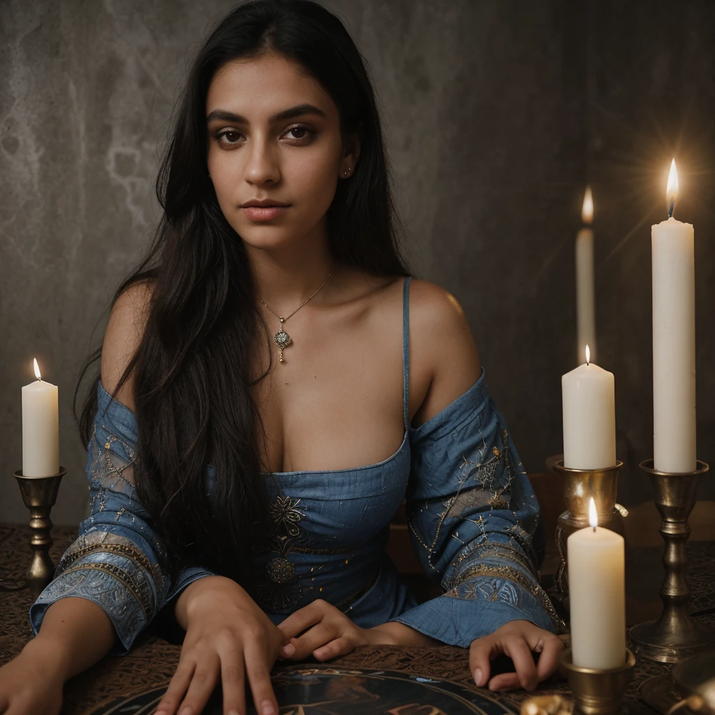 tarot reader 35 years woman sit on a table with cards, crystals and candles, beautiful detailed eyes, dark skin, dark hair medium size, mediterranean girl, beautiful detailed lips,extremely detailed eyes and face, longeyelashes, beautiful portrait, hyper realistic, intricate details, cinematic lighting, vibrant colors, magical atmosphere, mystical, ethereal, occult, dark fantasy The scene is illuminated by a bright light in the background with a light wall in the background,
