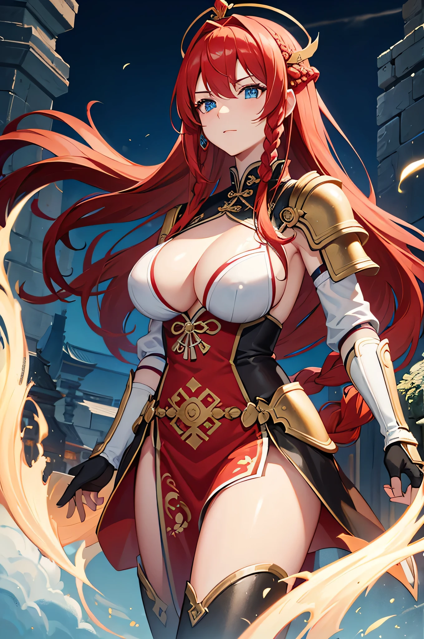 4K,High resolution,One Woman,Red Hair,long hair,Braid,Blue Eyes,Big Breasts,Ancient Chinese Generals,Ancient Chinese White Armor,Heavy Armor,Full Armor,Sideboob,ancient chinese crown,Long sword,Ancient Chinese Villages